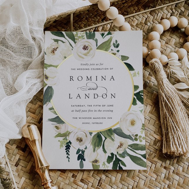 Invitación Con Relieve Metalizado Peonía blanca | Boda de marco floral redondo (Subido por el creador)