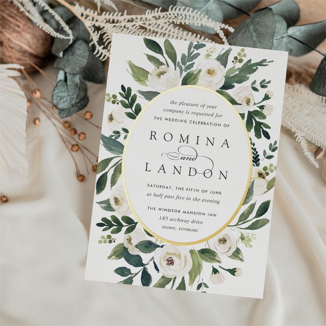 Invitación Con Relieve Metalizado Peonía blanca | Boda floral de marco ovalado (Subido por el creador)