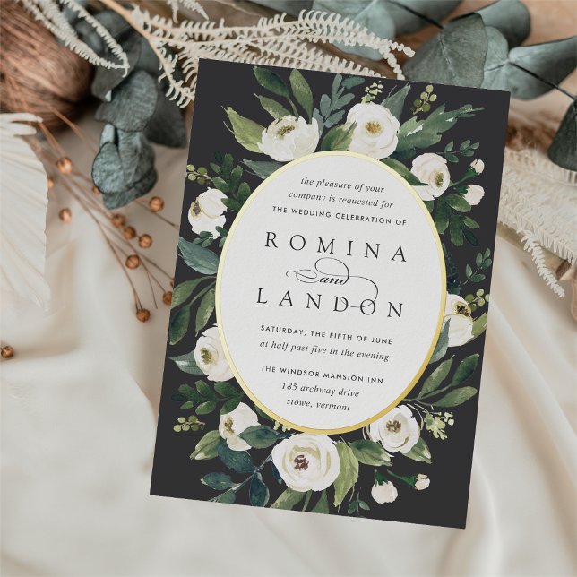 Invitación Con Relieve Metalizado Peonía blanca | Boda floral de marco ovalado (Subido por el creador)