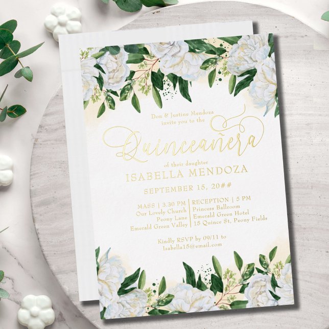 Invitación Con Relieve Metalizado Peonia blanca verde esmeralda Quinceanera Mass Gol (Subido por el creador)