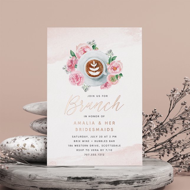 Invitación Con Relieve Metalizado Peonía floral rosa y brunch de novias con café (Subido por el creador)