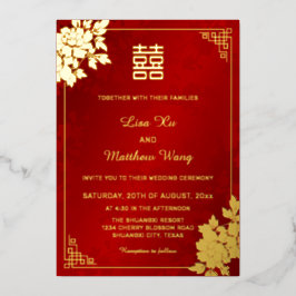 Invitación Con Relieve Metalizado Peonía roja brillante de oro | Boda china