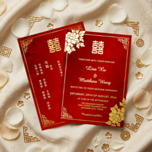 Invitación Con Relieve Metalizado  Peonía Roja Brillante Dorada   Boda China