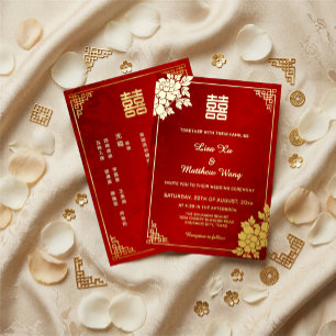 Invitación Con Relieve Metalizado Peonía Roja Brillante Dorada Boda China