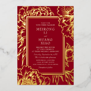 Invitación Con Relieve Metalizado Peonías Chinas Boda