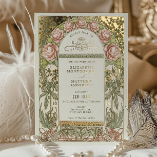 Invitación Con Relieve Metalizado Peonías Doradas Arte Nouveau Bodas Vintage