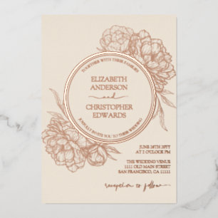 Invitación Con Relieve Metalizado Peonías Floral Elegante Boda de Oro Rosa REAL