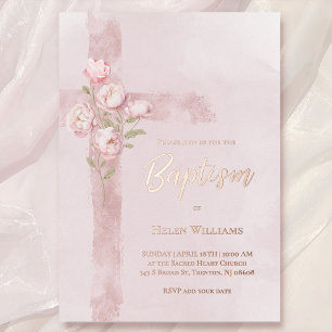 Invitación Con Relieve Metalizado peonias rosadas acuarela cruz Bautismo