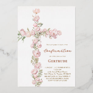 Invitación Con Relieve Metalizado peonías rosadas cruz Confirmación