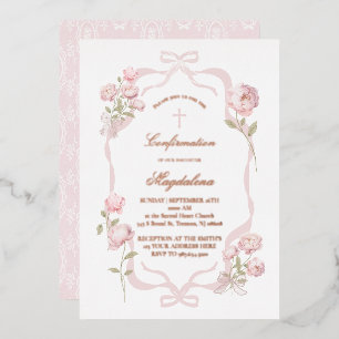 Invitación Con Relieve Metalizado peonías rosadas niña de confirmación