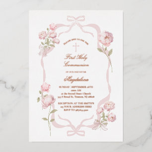 Invitación Con Relieve Metalizado peonias rosadas niña primera comunión