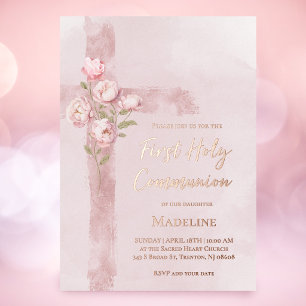 Invitación Con Relieve Metalizado peonías rosadas Primera comunión