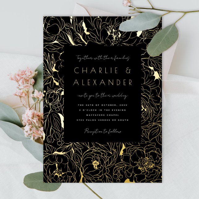 Invitación Con Relieve Metalizado Peonies dorados y negros (Subido por el creador)
