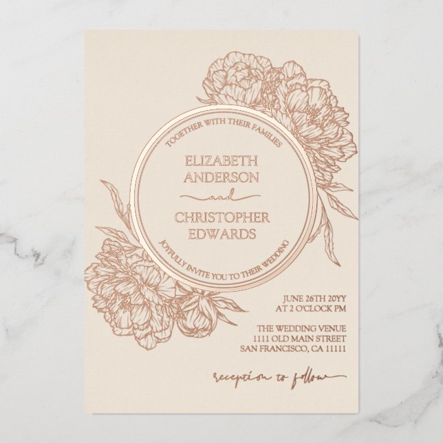 Invitación Con Relieve Metalizado Peonies Floral Elegante Rosa  Boda de oro (Anverso)