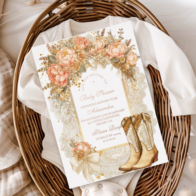 Invitación Con Relieve Metalizado Peony de Rustic Boots Baby Shower (Subido por el creador)