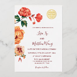 Invitación Con Relieve Metalizado Peony Flower Gold Boda chino