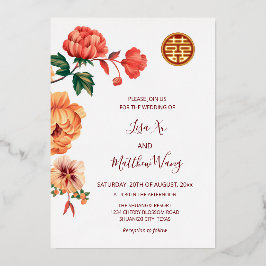 Invitación Con Relieve Metalizado Peony Flower Gold Boda chino