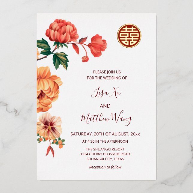 Invitación Con Relieve Metalizado Peony Flower Gold Boda chino (Anverso)