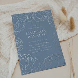 Invitación Con Relieve Metalizado Peony Garden Dusty Blue Floral Bridal Shower
