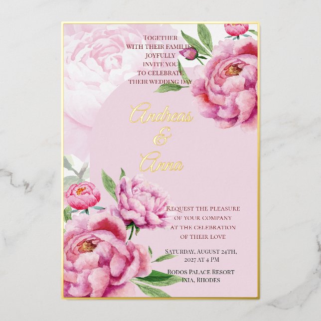 Invitación Con Relieve Metalizado Peony Wedding (Anverso)