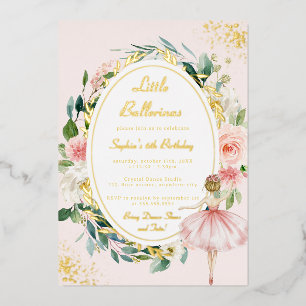 Invitación Con Relieve Metalizado Pequeña Bailarina Cumpleaños Infantil Floral Dorad