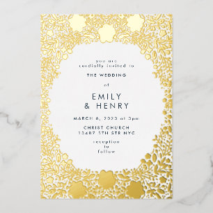 Invitación Con Relieve Metalizado Pequeña Boda de Oro Prensado Floral