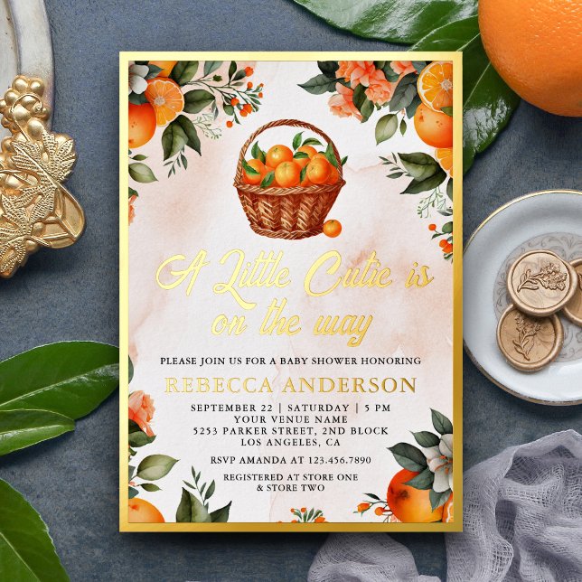 Invitación Con Relieve Metalizado Pequeña cesta de Naranja Cutie Citrus Baby Shower (Subido por el creador)