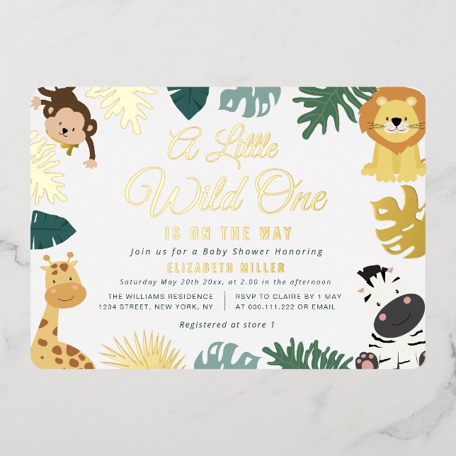 Invitación Con Relieve Metalizado pequeña ducha de bebé salvaje de un safari en el b (Anverso)