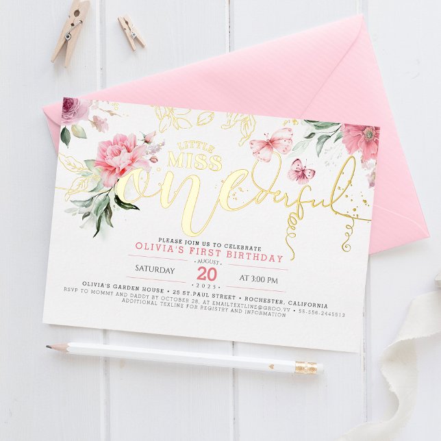 Invitación Con Relieve Metalizado Pequeña Miss ONE, maravillosa floral rosa, primer  (Subido por el creador)