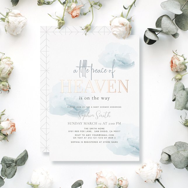 Invitación Con Relieve Metalizado Pequeña paz del cielo en la nube azul Baby Shower (Little Peace/Piece of Heaven Invitation)