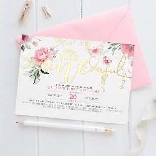 Invitación Con Relieve Metalizado Pequeña Señorita ONEderful Floral Rosa Cumpleaños 