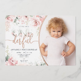 Invitación Con Relieve Metalizado Pequeña Señorita Onederful Girl Primera Cumpleaños