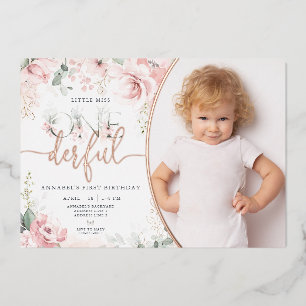 Invitación Con Relieve Metalizado Pequeña Señorita Onederful Girl Primera Cumpleaños