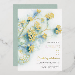Invitación Con Relieve Metalizado Pequeñas Flores Blancas Cumpleaños Cualquier Edad