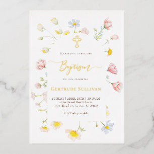 Invitación Con Relieve Metalizado pequeñas flores coloridas Bautizo