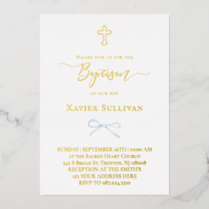 Invitación Con Relieve Metalizado pequeño lazo azul Bautismo