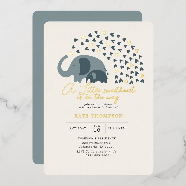 Invitación Con Relieve Metalizado Pequeño novio elefante Baby Shower Gold (Anverso/Reverso)