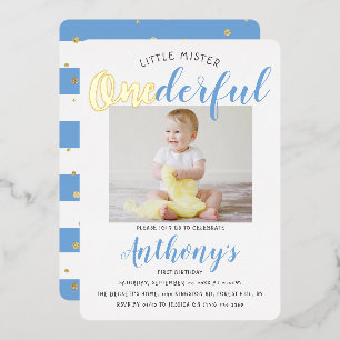 Invitación Con Relieve Metalizado Pequeño Señor Onederful Foto Cumpleaños 1º Cumplea