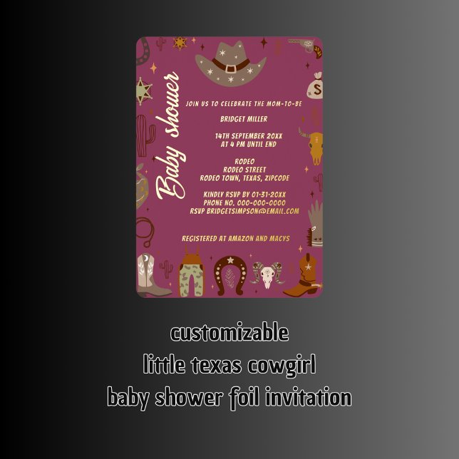 Invitación Con Relieve Metalizado pequeño textil cowgirl baby ducha (little texas cowgirl baby shower foil invitation)