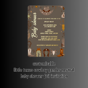 Invitación Con Relieve Metalizado pequeño vaquero de texas cumpleaños de bebé neutra