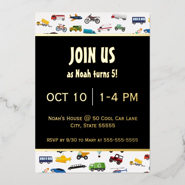 Invitación Con Relieve Metalizado Pequeño vehículo de coches niño fiesta de cumpleañ (Anverso)