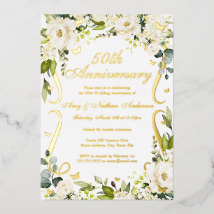 Invitación Con Relieve Metalizado Pergamino de Mariposa Dorada 50 Aniversario de Bod