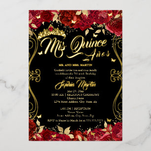 Invitación Con Relieve Metalizado Pergamino del Jardín Floral Rojo Mis Quince Quince