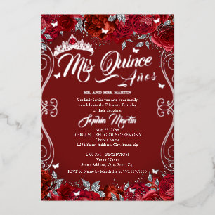 Invitación Con Relieve Metalizado Pergamino Floral Rubí Rojo Mis Quince Quinceañera