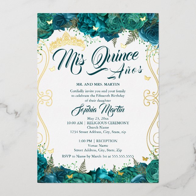 Invitación Con Relieve Metalizado Pergamino floral verde azulado Mis Quince Quincean (Anverso)