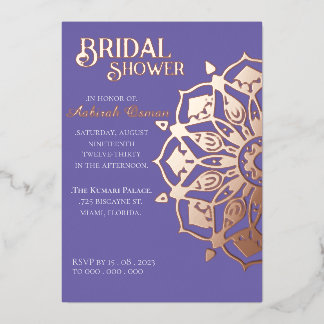 Invitación Con Relieve Metalizado Periwinkle GoldIndian Henna Mandala Bridal Shower
