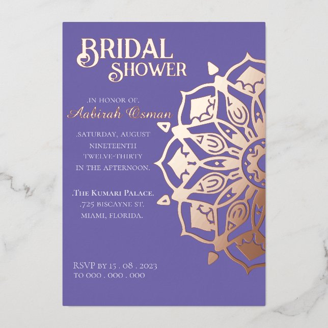Invitación Con Relieve Metalizado Periwinkle GoldIndian Henna Mandala Bridal Shower (Anverso)