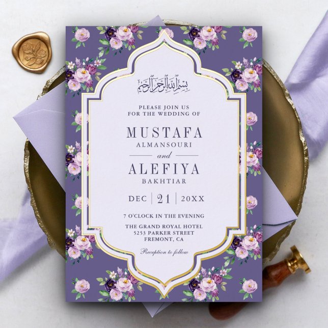 Invitación Con Relieve Metalizado Periwinkle Purple Floral Muslim Boda Gold (Subido por el creador)