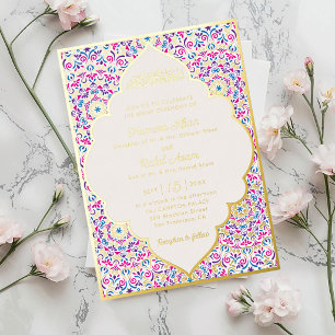 Invitación Con Relieve Metalizado Perla Blanca Clásica Joyas de Oro Boda Musulmana
