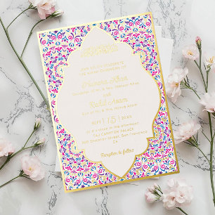 Invitación Con Relieve Metalizado Perla Blanca Clásica Joyas de Oro Boda Musulmana